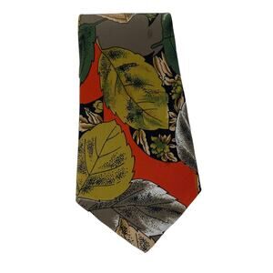 Gold City Hand Made Mens Silk Tie Olive Green Gray Tan Leaves Print 55 Inch Long